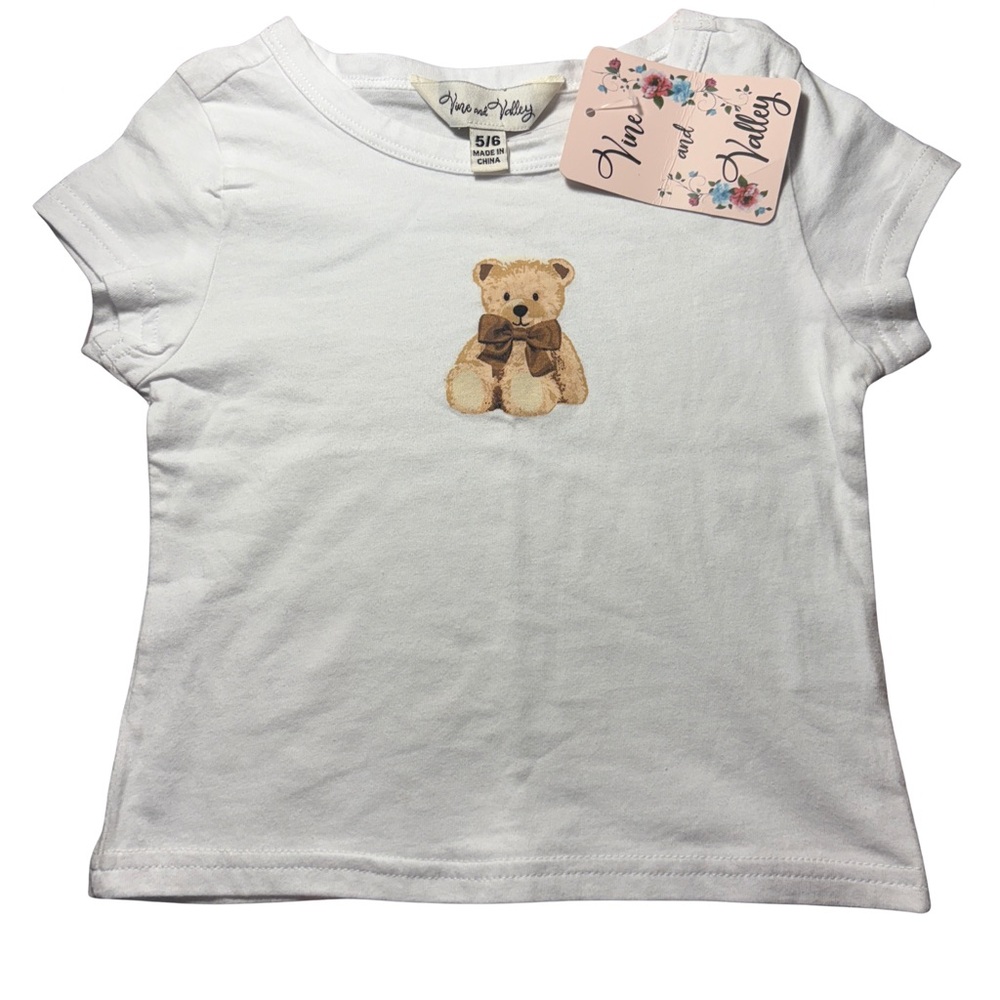 Vine and Valley Y2K Teddy Bear Bow Girls Short Sleeve Graphic T-Shirt Size 5/6